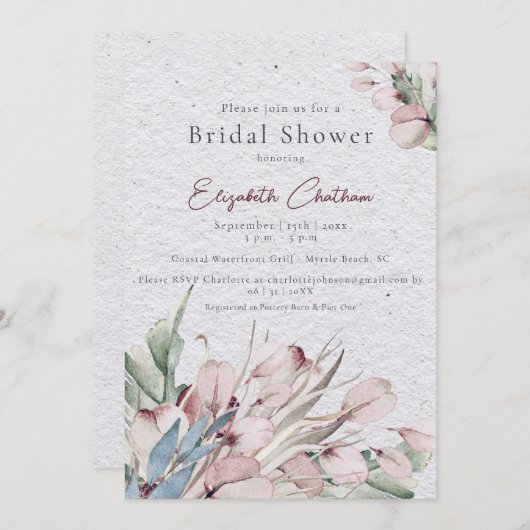 水カラーボホフローラと植物学ブライダルシャワー 招待状 (正面/裏面)