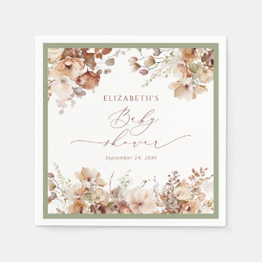 水カラーボホ秋フローラベビーシャワーナプキンズ スタンダードカクテルナプキン (正面)