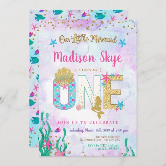 水カラーマーメイドファースト誕生日招待状 招待状 (正面/裏面)