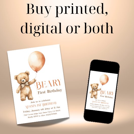 水カラーミニマリストベージュベアリファースト誕生日 招待状