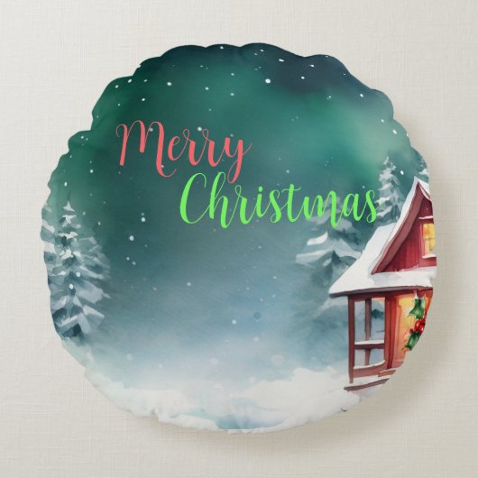 水カラーメリーワイルドクリスマスパインツリーホリデーパーティー ラウンドクッション (正面)