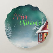 水カラーメリーワイルドクリスマスパインツリーホリデーパーティー ラウンドクッション (裏面)