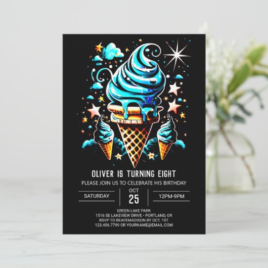 水カラーモダンカスタムボーイスクリーム誕生日 招待状 (スタンド正面)