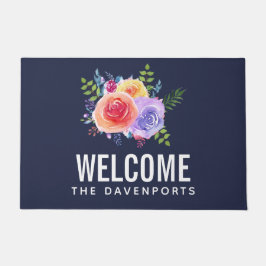 水カラーモダンバラフローラブーケウェルカム ドアマット