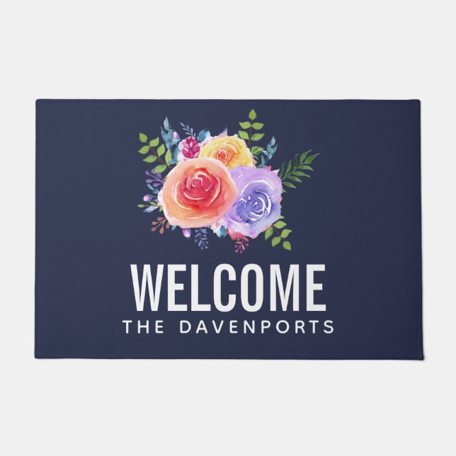 水カラーモダンバラフローラブーケウェルカム ドアマット (正面)