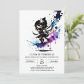 水カラーモダン忍者ガール誕生日 招待状 (スタンド正面)