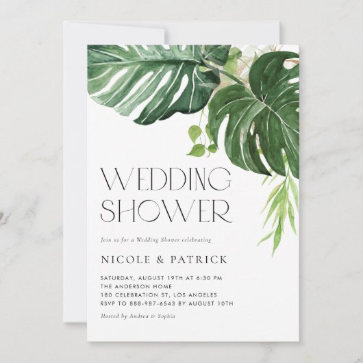 水カラーモンステラ葉ウェディングシャワートロピカル 招待状 (正面)