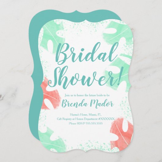 水カラーモンステラ葉ーズ赤ちゃんシャワーコーラルミント 招待状 (正面/裏面)