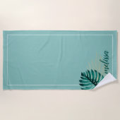 水カラーモンステラ金ゴールドパームリーフティール(緑がかった色)トロピカル ビーチタオル (正面)
