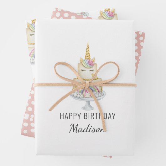 水カラーユニコーンファースト誕生日ガール招待状 ラッピングペーパーシート (インサイチュ)