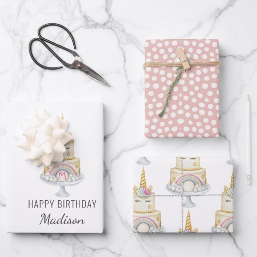 水カラーユニコーンファースト誕生日ガール招待状 ラッピングペーパーシート (正面)