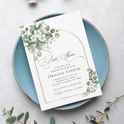 水カラーユーカリ金ゴールドアーチシックブライダルシャワー 招待状