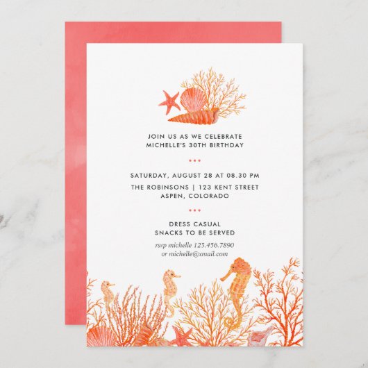 水カラーリビングコーラルアンダーザシー誕生日 招待状 (正面/裏面)