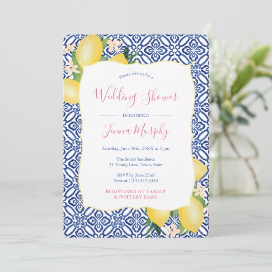 水カラーレイタリアンモンズブルータイルウェディングシャワー 招待状 (スタンド正面)