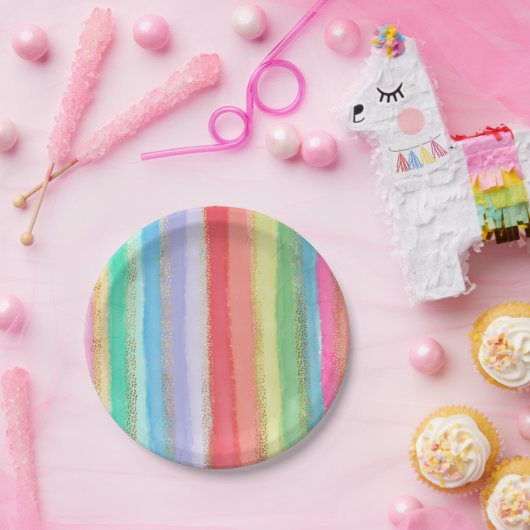 水カラーレインボーユニコーンストライプ金ゴールドマートル ペーパープレート (パーティー)