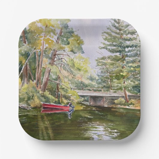 水カラーレッドボートマウンテンレイク紙プレート ペーパープレート (正面)