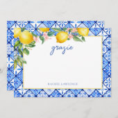 水カラーレモンイタリアンブルータイルブライダルシャワー サンキューカード (正面/裏面)