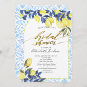 水カラーレモンイタリアンブルータイルブライダルシャワー 招待状 (正面/裏面)