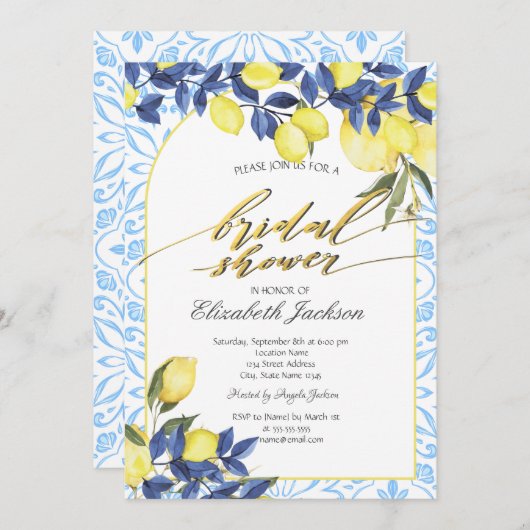 水カラーレモンイタリアンブルータイルブライダルシャワー 招待状 (正面/裏面)
