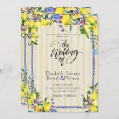 水カラーレモン黄ストライプ色結婚の 招待状 (正面/裏面)