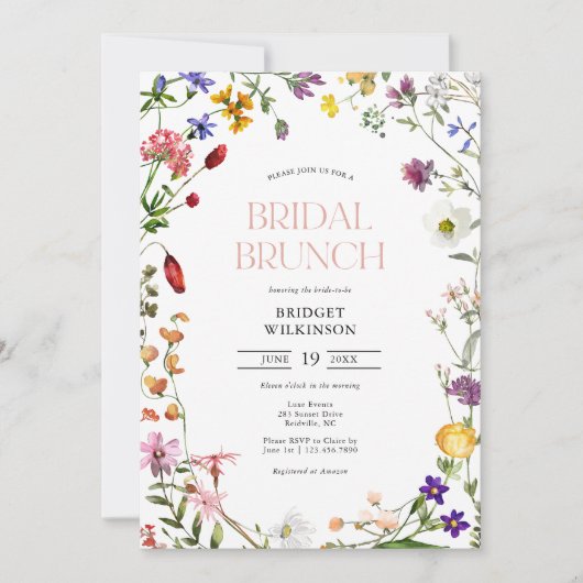 水カラーワイルドフラワーブライダルブランチブライダルシャワー 招待状 (正面)