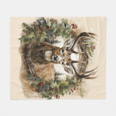 水カラーヴィンテージクリスマスディアーデザイン フリースブランケット (正面(横))