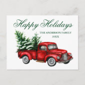 水カラーヴィンテージレッドトラックハッピーホリデー ポストカード (正面)