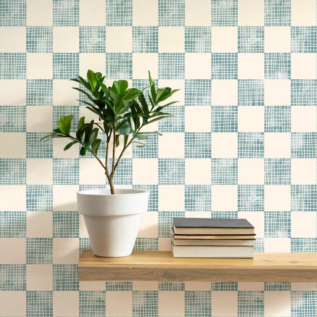 水カラー市松模様にシーフォームクリーム幾何学模様 壁紙 (Geometric checker square patterned watercolor sea foam blue green and cream wallpaper)