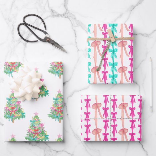 水カラー明るいコケット弓クリスマスツリー ラッピングペーパーシート (正面)