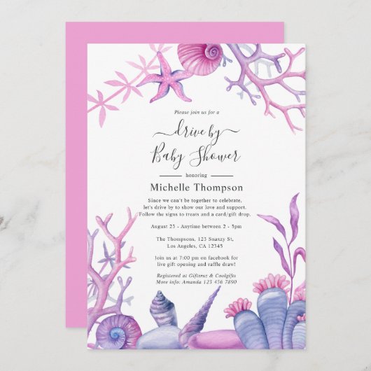 水カラー海ライフドライブバイベビーシャワー 招待状 (正面/裏面)