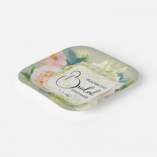 水カラー花模様セージグリーンブライダルシャワー ペーパープレート (傾斜あり)
