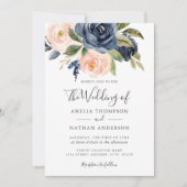 水カラー花模様ネイビー結婚ピーチ 招待状 (正面)