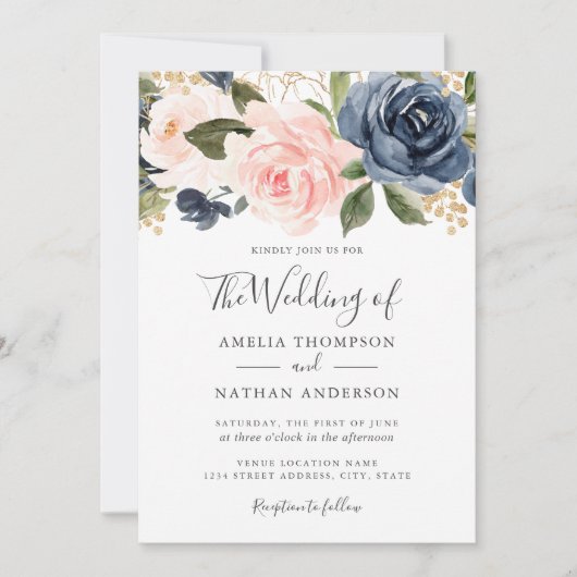 水カラー花模様ピーチネイビー結婚式招待状 招待状 (正面)