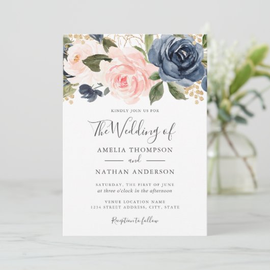 水カラー花模様ピーチネイビー結婚式招待状 招待状 (スタンド正面)