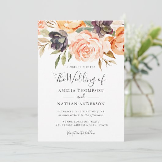 水カラー花模様ピーチ結婚式招待状 招待状 (スタンド正面)