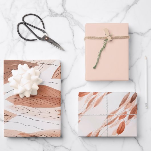 水カラー葉ブラウンテラコッタベージュ赤面 ラッピングペーパーシート (正面)