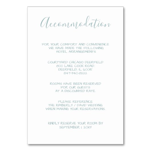 水カラー葉モノグラムの宿泊カード テーブルナンバー (正面)