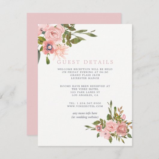 水カラー赤面ピンクローズ結婚ズゲスト詳細 エンクロージャーカード (正面/裏面)