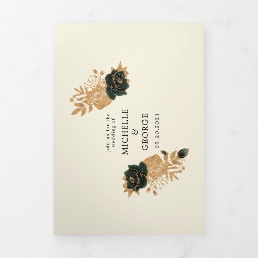 水カラー金ゴールドバラ三折結婚式招待状 三つ折り招待状 (カバー)