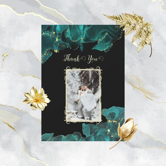 水カラーAnastasiaブラック&グリーンありがとう 招待状