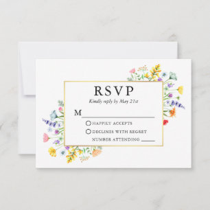 水カラーWildflowers金ゴールド結婚フレーム 出欠カード