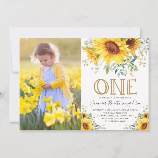 水ガーリー色ひまわり1stバースデーフォト 招待状 (正面)