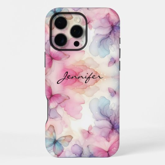 水ガーリー色バタフライiPhone iPhoneケース (裏面)