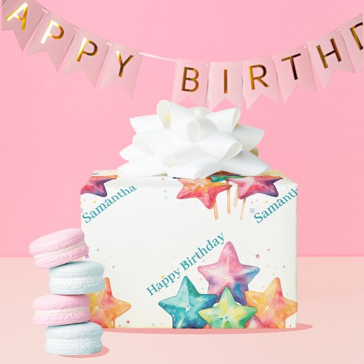 水ガーリー色レインボースター誕生日 ラッピングペーパー