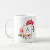 水ガーリー色熱帯ハイビスカスフラワーモノグラム コーヒーマグカップ (左)