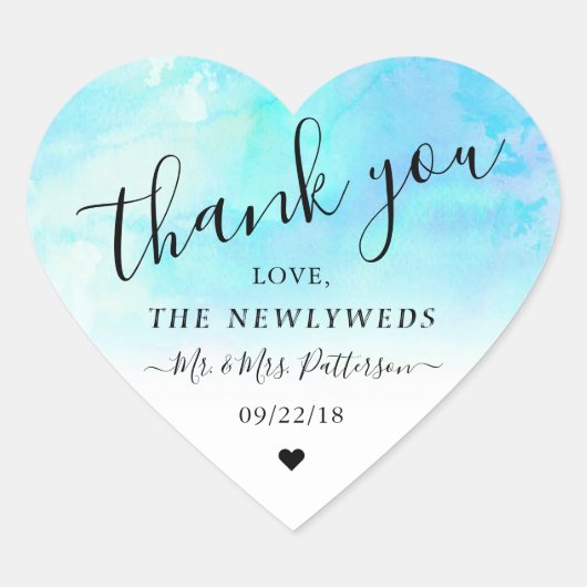水グラデーション色の結婚ありがとうステッカー – 青 ハートシール (正面)