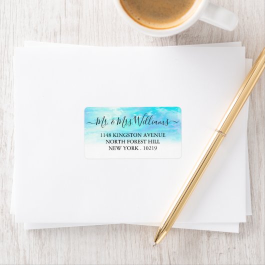 水グラデーション色の結婚式ラベル – 青 ラベル (インサイチュ)