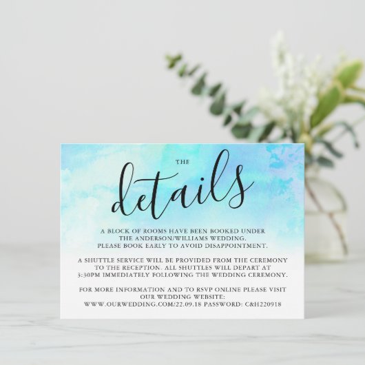 水グラデーション色の結婚詳細カード – 青 エンクロージャーカード (スタンド正面)