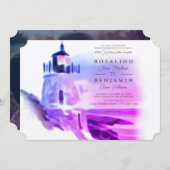 水グラデーション色ピンクライトハウスフォト結婚ズ 招待状 (正面/裏面)