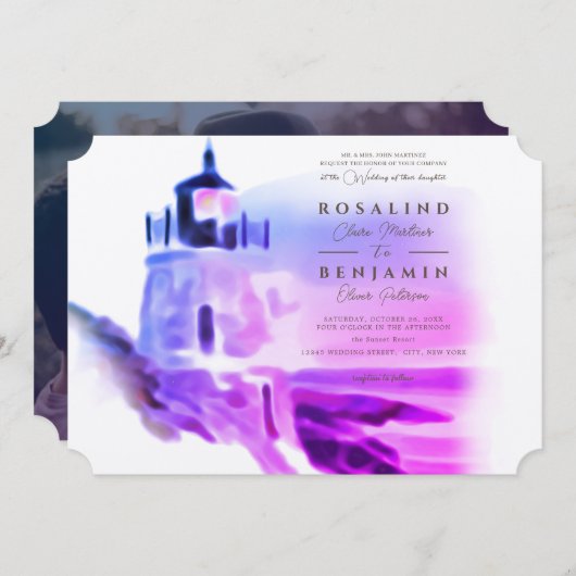 水グラデーション色ピンクライトハウスフォト結婚ズ 招待状 (正面/裏面)